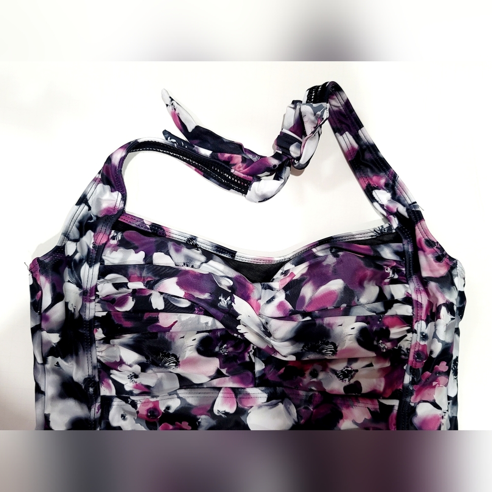 NWT Aqua Eve Women's Ruched Tummy Control Purple Floral Halter Slimming Swimsuit - Picture 8 of 13
